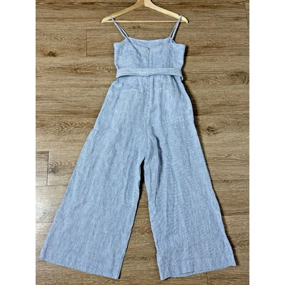 J. Crew Women’s Blue White Striped Linen Wide Leg Jumpsuit Preppy Size 0